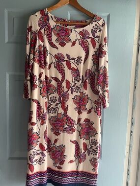 Cream Floral Stretch Jersey Dress with Pink and Red Accents